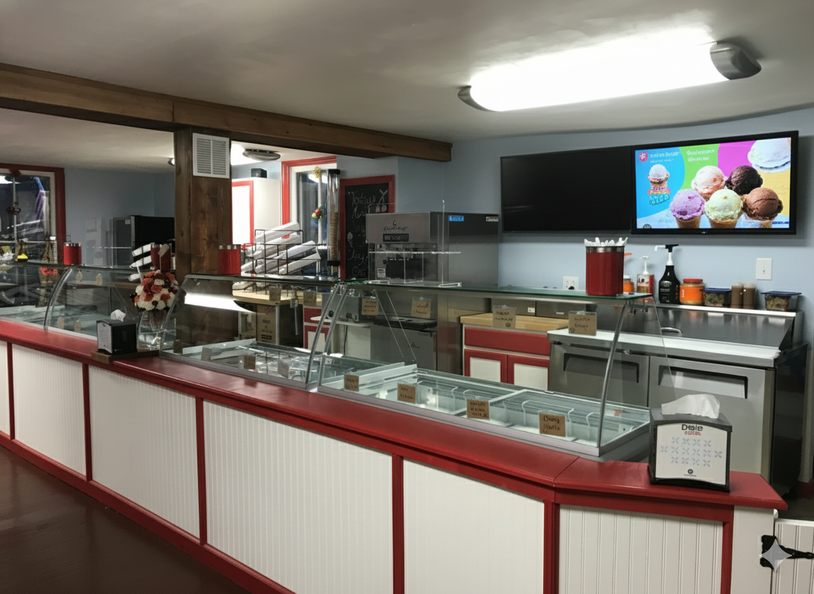 The counter and dipping cabinets inside the shoppe
